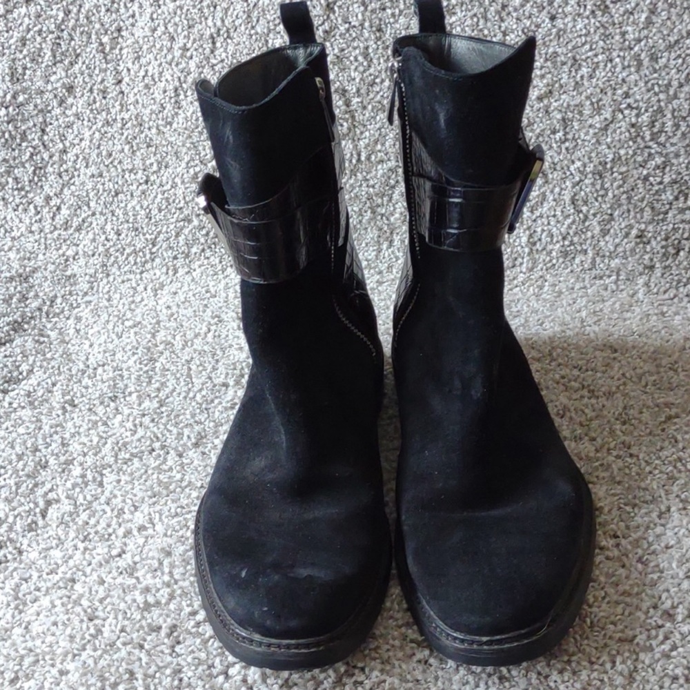 Calvin Klein Black Suede Side Zip Harness Mid Calf Boots Men's 8M EUC - Picture 2 of 8